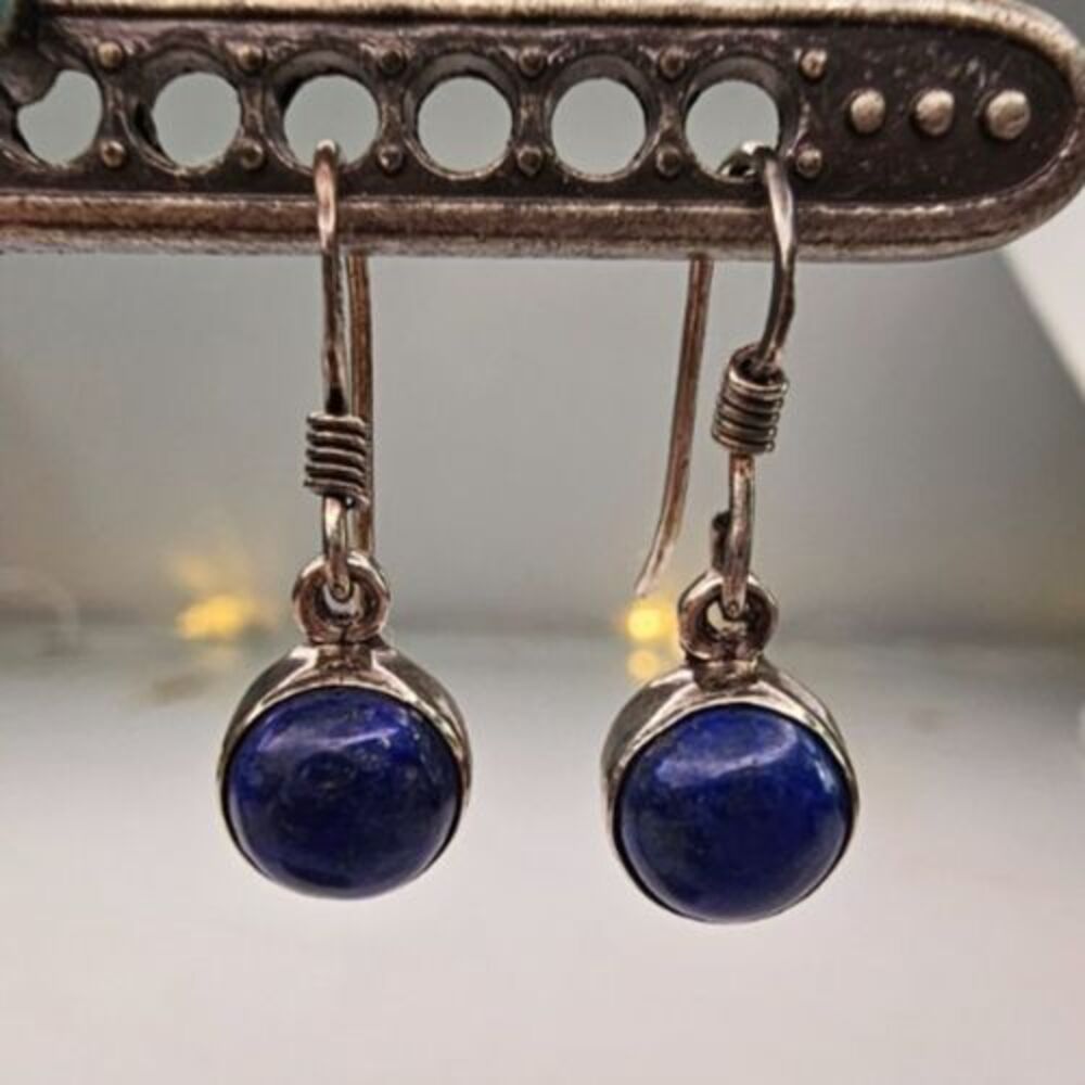 925 Sterling Silver & Blue Lapis Lazuli Drop Hook Earrings - Picture 1 of 4